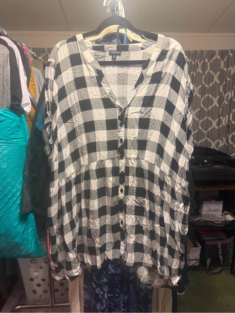 torrid Black and White Buffalo Plaid Button-Front Peplum Top